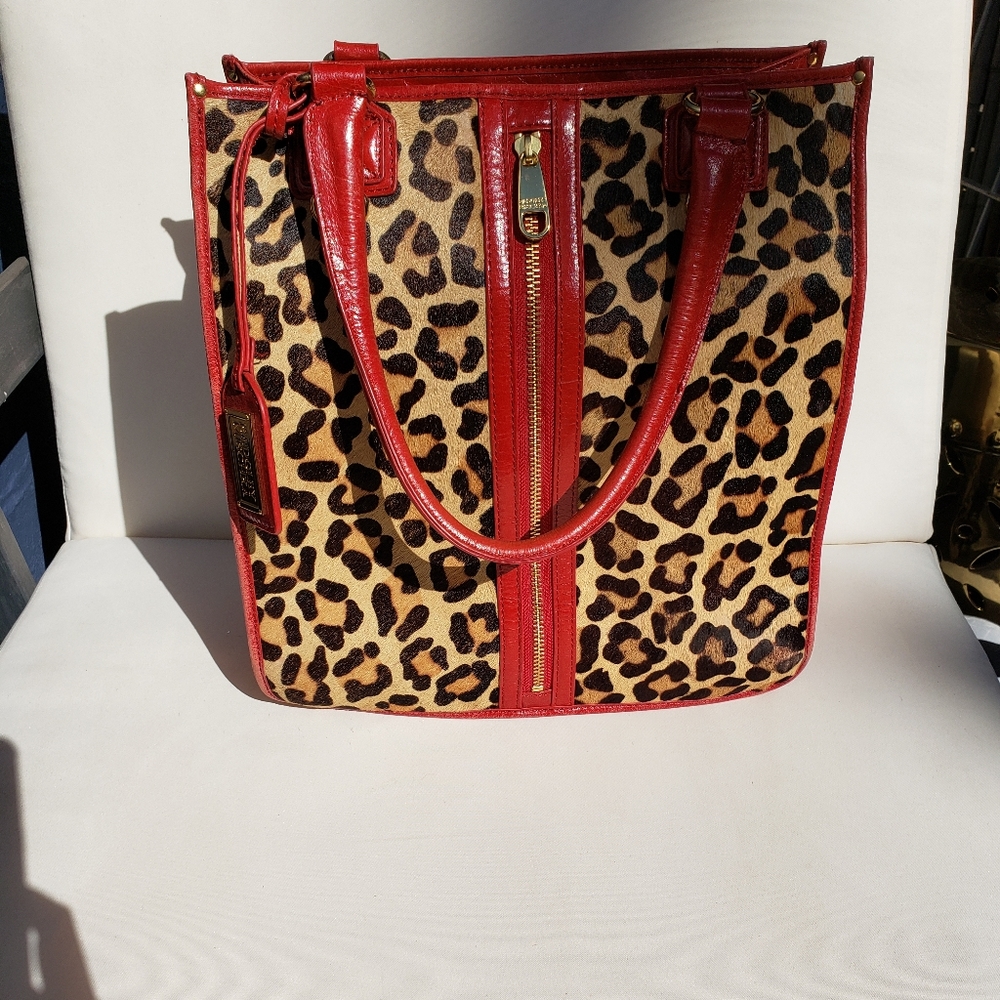 Red leather & leopard tote